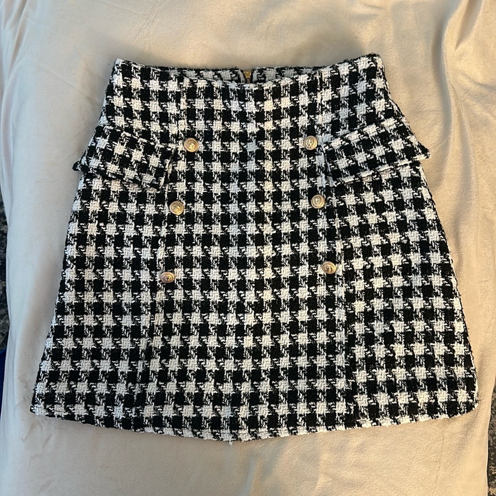 Francesca’s Black & White Tweed Skirt with Gold Buttons